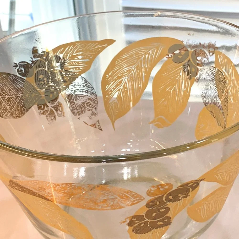 Vintage MCM Salad Bowl -Gold Leaf and Berries -Large